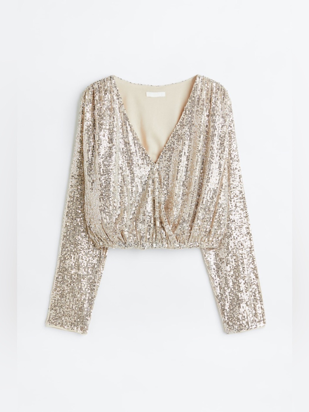 H&M Sequin V-Neck Long-Sleeve Cropped Top Champagne Small